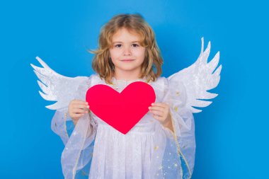 Sevgililer Günü. Kalbi olan melek çocuk. Melek kanatlı çocuk. Stüdyo renginde melek çocuk portresi kopya alanı ile izole edilmiş arkaplan
