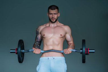 Halterle egzersiz yapan bir adam. Formda bir model ağırlık kaldırıyor, spor salonunda egzersiz yapıyor. Halterle antrenman. Güçlü, kaslı, formda, halterli ve ağır ağırlıklı bir adam. Kas pazıları için alıştırmalar