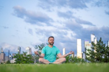 Nilüfer çiçeği içinde meditasyon yapan bir adam dışarıda çimlerde poz verir. Sporcu şehir parkında yoga yaparken asana meditasyonu yapıyor. Atletik erkek meditasyonu, rahatlama, aktif sağlıklı yaşam tarzı kavramı. Açık havada meditasyon.