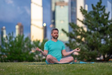 Nilüfer çiçeği içinde meditasyon yapan bir adam dışarıda çimlerde poz verir. Sporcu şehir parkında yoga yaparken asana meditasyonu yapıyor. Atletik erkek meditasyonu, rahatlama, aktif sağlıklı yaşam tarzı kavramı. Açık havada meditasyon.