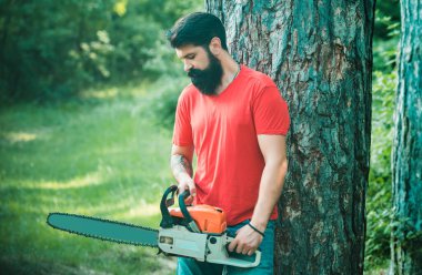 Tahta testereli baltayla ormanda oduncu. Ormanın yakınında baltası olan yakışıklı bir genç. Orman arka planında elektrikli testere olan oduncu. Tahta testereyi tutan oduncu
