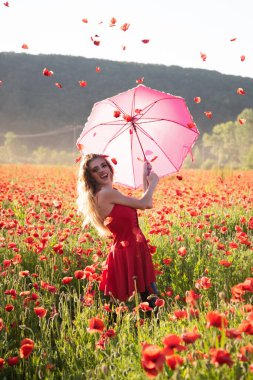 Çiçekli bir çayırda bahar güzeli kadın. Bahar gelincik tarlasında güzel bir kız. Bahar çiçekleri arasında romantik bir kadın. Genç ve narin bir kadın bahar otlağının tadını çıkarıyor.