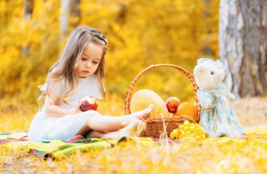 Sonbaharda bir çiftlikte elma toplayan bir çocuk. Çocuk sepetten meyve topluyor. Sonbahar hasadında meyve yiyen bir çocuk. Çocuklar için açık hava eğlencesi. Sağlıklı beslenme. Düşen yapraklar