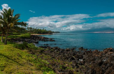 Yaz tatilinde seyahat, güneşli gökyüzü ile kumsalda konsept. Denizde tropik tatil manzarası. Deniz Burnu Doğası