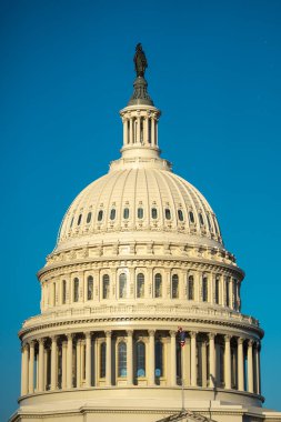 Washington DC 'de demokrasinin bir sembolü olarak Birleşik Devletler Kongre Binası. Capitol Hill 'deki Meclis Binası. Amerikan hükümeti. Amerikan bayrağı tarihi Kongre Binası 'nın kubbesini süslüyor. Senato.