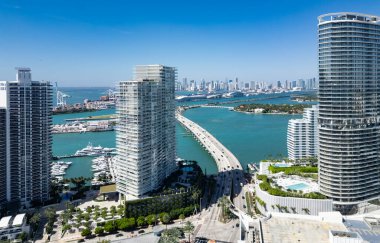 Mavi gökyüzünde Miami Plajı. Skyline hava görüntüsü. Miami şehri. Tropik Miami manzarası. Miami bölgesi gökyüzü manzarası. Meşhur okyanus kıyısında. Panoramik kıyı şeridi. Güney sahili manzarası. Yaz tatili titreşimleri