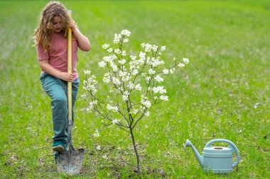 Çocuk dışarıda ağaç dikiyor. Bitkilerin bahar etkinliği. Çocuk kürek ve su bidonuyla çalışıyor. Çocuk meyve ağacı dikmiş. Bahçıvan çocuklar. Çocuk yetiştirme bitkisi ve ağaç bakımı. Baharda küçük çiftçi