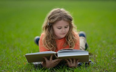 Çimlerin üzerinde kitap okuyan bir çocuk. Çocuk açık havada kitap okumaktan zevk alıyor. Çocuk çayırda kitapla ders çalışıyor. Doğada öğrenme. Öğrenci çocuk kitap okuyor. Güzel kitaplarla hafta sonu tatili
