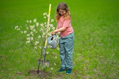 Çocuk dışarıda ağaç dikiyor. Bitkilerin bahar etkinliği. Çocuk kürek ve su bidonuyla çalışıyor. Çocuk meyve ağacı dikmiş. Bahçıvan çocuklar. Çocuk yetiştirme bitkisi ve ağaç bakımı. Baharda küçük çiftçi