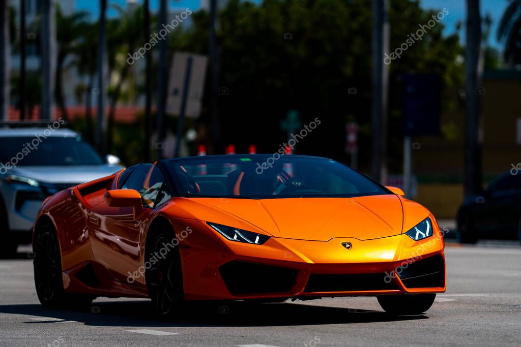 April 3, 2025. Miami. Lambo concept. Lamborghini sportscar on summer. Lamborghini supercar. Lambo design. Lamborghini Huracan sportscar. Supercar Lamborghini closeup. V12 engine. Luxury car
