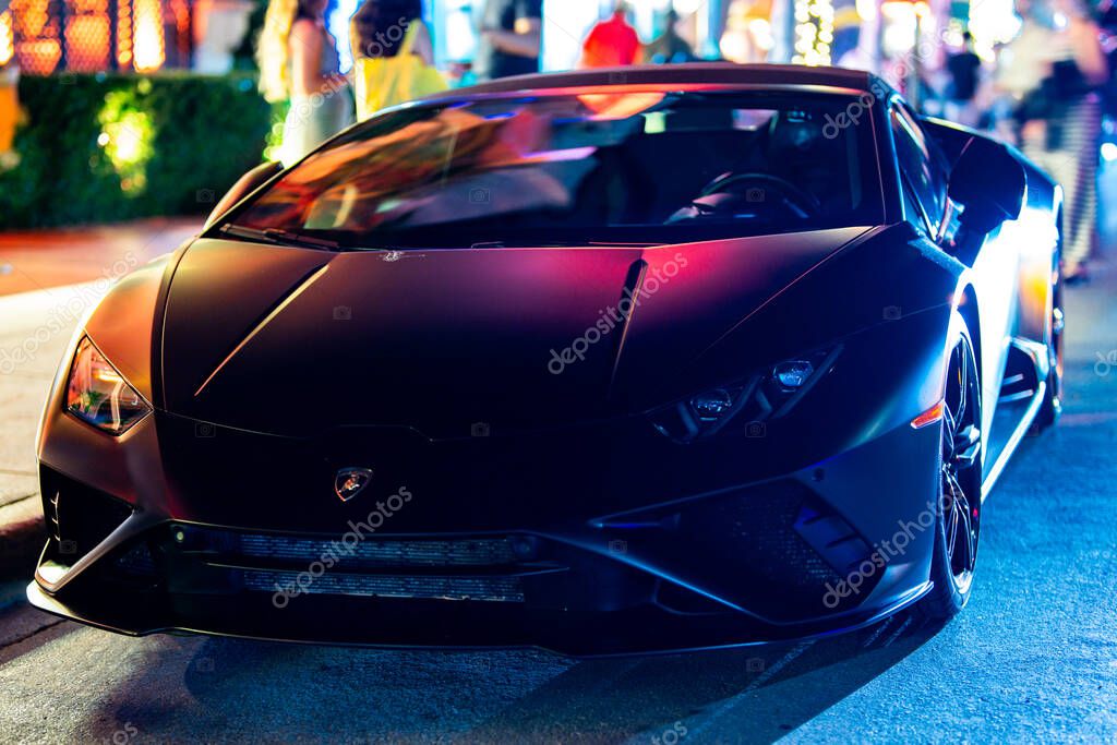April 3, 2025. Miami. Lambo concept. Lamborghini super car on the city street. Lamborghini supercar. Lambo design. Lamborghini Huracan sport car. Supercar Lamborghini closeup. V12 engine. Luxury car