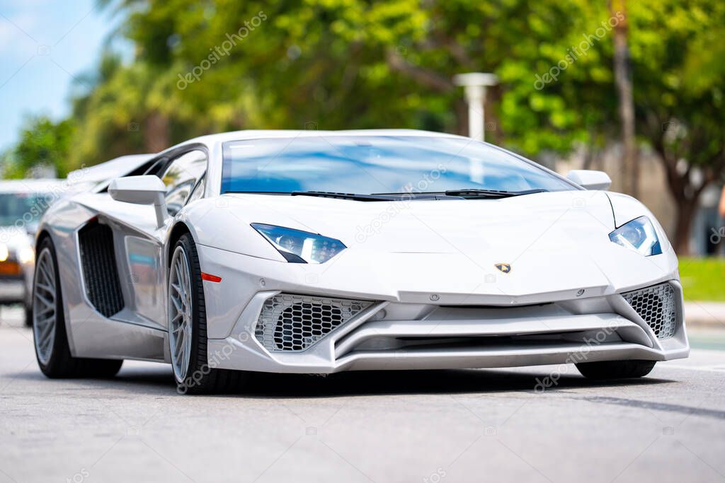 April 3, 2025. Miami. Lambo concept. Lamborghini sportscar on the road. Lamborghini supercar. Lambo design. Lamborghini Huracan sportscar. Supercar Lamborghini closeup. V12 engine. Luxury car