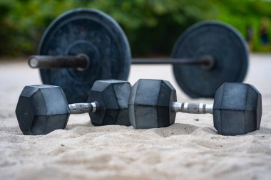 Spor malzemeleri. Yaz sporu için halter, halter ve dambıl. Açık hava sporu. Spor salonunda spor egzersizi. Ağırlık kaldırıyorum. Sağlıklı bir yaşam tarzı. Spor salonu açık havada. Spor arkaplanı