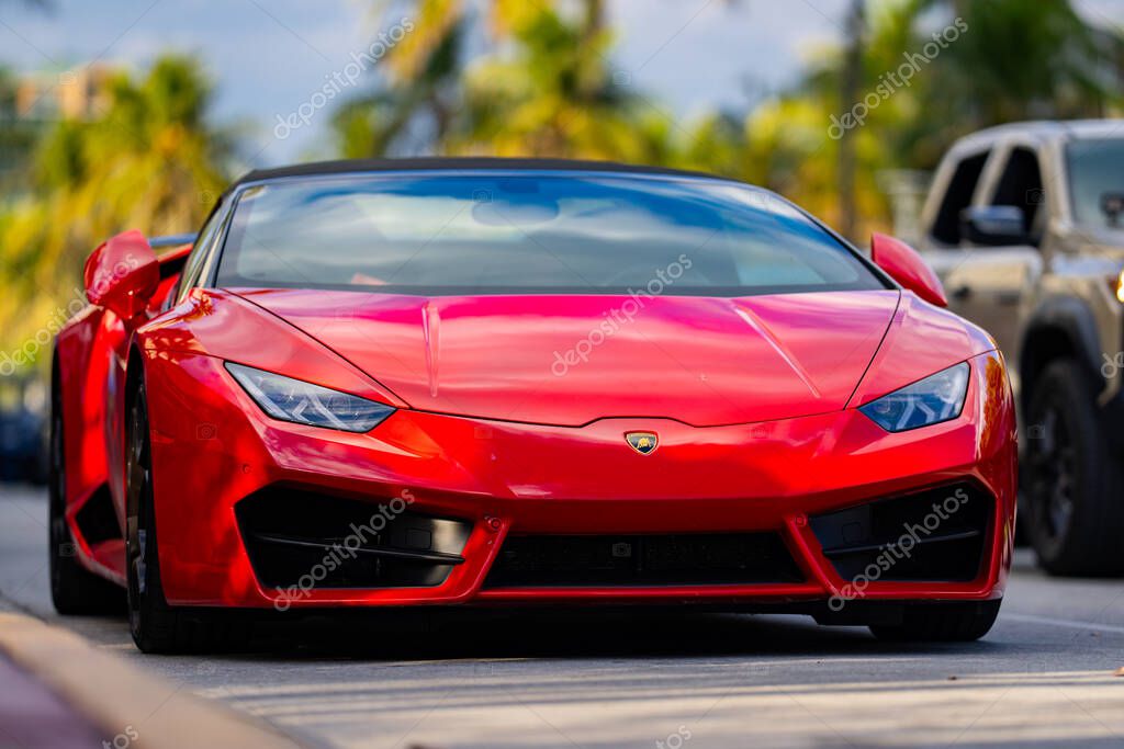 April 3, 2025. Miami. Lambo concept. Lamborghini sport car on the city street. Lamborghini supercar. Lambo design. Lamborghini Huracan sportscar. Supercar Lamborghini closeup. V12 engine. Luxury car