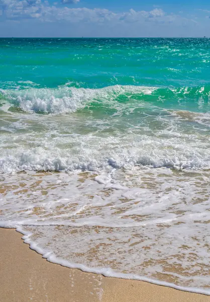 Deniz arka planı. Mavi okyanus. Kumlu okyanus plajı. Okyanus dalgaları. Yaz mevsimi. Tropik okyanus kıyısı. Egzotik turkuaz su. Köpüklü dalga denize sıçrıyor. Güneşli sahil manzarası