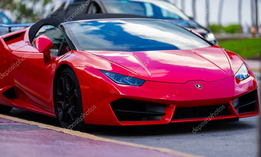 April 3, 2025. Miami. Lambo concept. Lamborghini sportscar on the road. Lamborghini supercar. Lambo design. Lamborghini Huracan sportscar. Supercar Lamborghini closeup. V12 engine. Luxury car