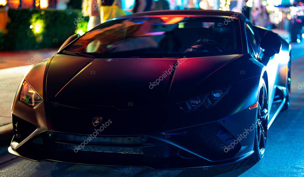 April 3, 2025. Miami. Lambo concept. Lamborghini sport car on the city street. Lamborghini supercar. Lambo design. Lamborghini Huracan sportscar. Supercar Lamborghini closeup. V12 engine. Luxury car