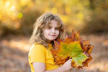 Sonbahar parkında yaprakları olan bir çocuk. Çocuk dışarıda eğleniyor. Sonbaharın tadını çıkarıyorum. Arka planda kal. Sonbahar sonbahar ormanlarında güzel bir sonbahar çocuğunun portresi. Güzel çocuk düşen yapraklarla oynuyor.