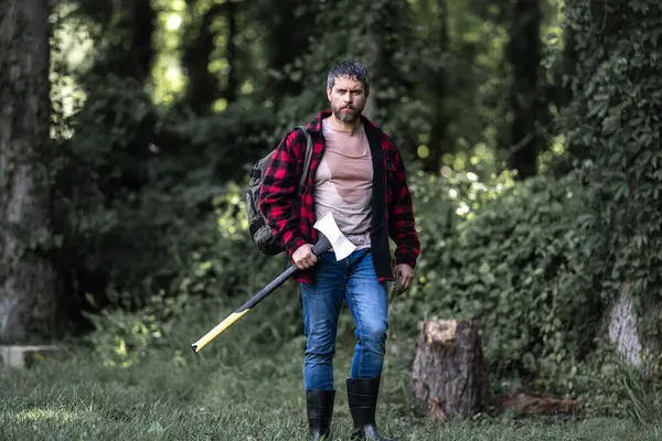 Ciddi yüzlü oduncu dışarıda balta taşıyor. Ormanda baltayla kereste işçisi. Ekose gömlekli, baltalı, güçlü bir oduncu. Oduncu ya da ormandaki oduncu