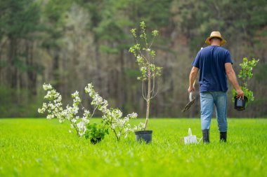 İşçi ekme tohumu. Bahçede bitki yetiştiren çiftçi. Çiftlikte çalışan bir adam. Açık havada tarım işi. Bahçe işleri yaşam tarzı. Toprak ekme hazırlığı. Yeşilli ağaç dikiyorum.