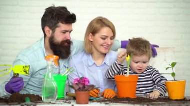 Aile çömleğe çiçek koyar. Bahar ve hobiler, aile birlikte çiçek yetiştirir. Tüm aile için hobi evi, çocuklarla eğlence. Sevimli çocuk anne ve babasının bitkilere bakmasına yardım eder. Mutlu aile