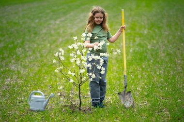 Çocuk bahçeye ağaç dikip suluyor. Ağaç dikmenin bahar etkinliği. Çocuk kürek ve su bidonuyla çalışıyor. Çocuk meyve ağacı dikiyor. Bahçıvan çocuklar. Çocuk ağaç dikiyor ve bakımını yapıyor.