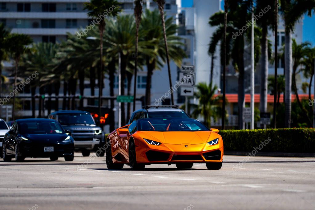 April 3, 2025. Miami. Lambo concept. Lamborghini sportscar on the road. Lamborghini supercar. Lambo design. Lamborghini Huracan sportscar. Supercar Lamborghini closeup. V12 engine. Luxury car