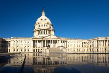 Başkent Washington, DC 'de. Washington DC 'deki eyalet başkenti binaları. Washington 'daki Kongre. Amerikan bayrağı dalgalanıyor. Washington, DC 'deki Capitol Hill.