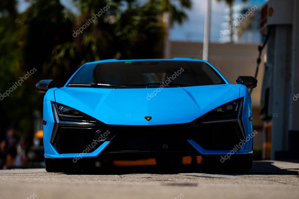 April 3, 2025. Miami. Lambo concept. Lamborghini sportscar on the road. Lamborghini supercar. Lambo design. Lamborghini Huracan sportscar. Supercar Lamborghini closeup. V12 engine. Luxury car