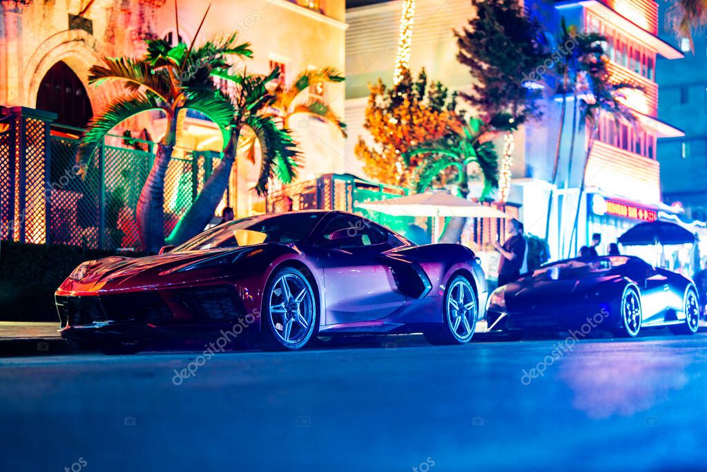 April 3, 2025. Miami. Lambo concept. Lamborghini super car on the city street. Lamborghini supercar. Lambo design. Lamborghini Huracan sport car. Supercar Lamborghini closeup. V12 engine. Luxury car