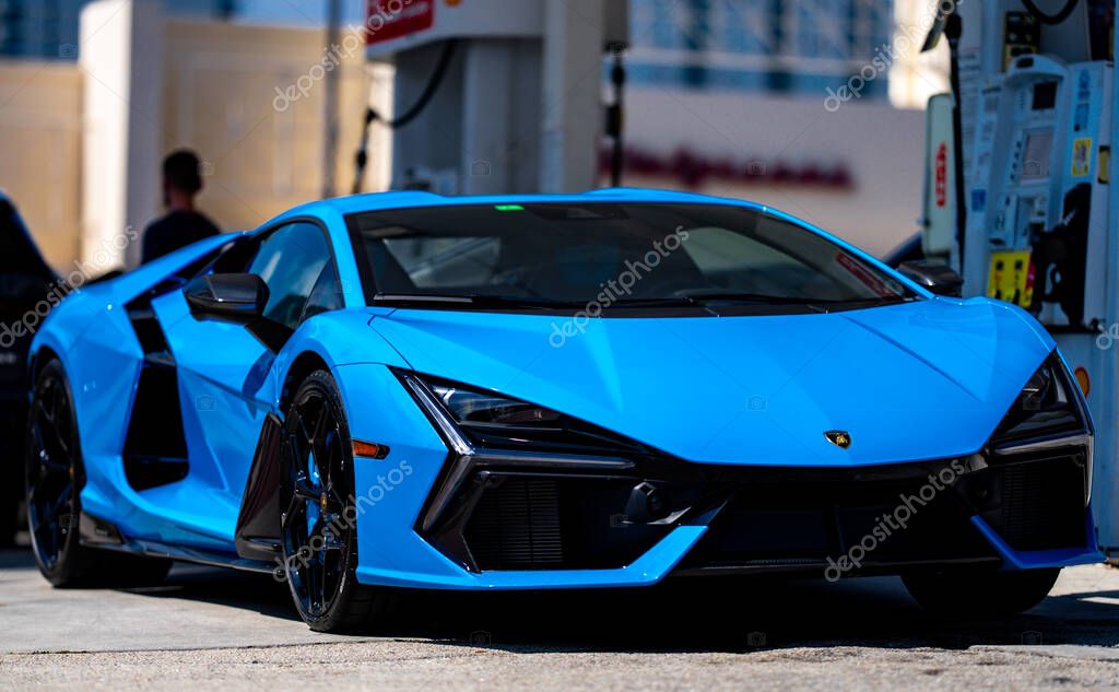 April 3, 2025. Miami. Lambo concept. Lamborghini super car on the city street. Lamborghini supercar. Lambo design. Lamborghini Huracan sport car. Supercar Lamborghini closeup. V12 engine. Luxury car