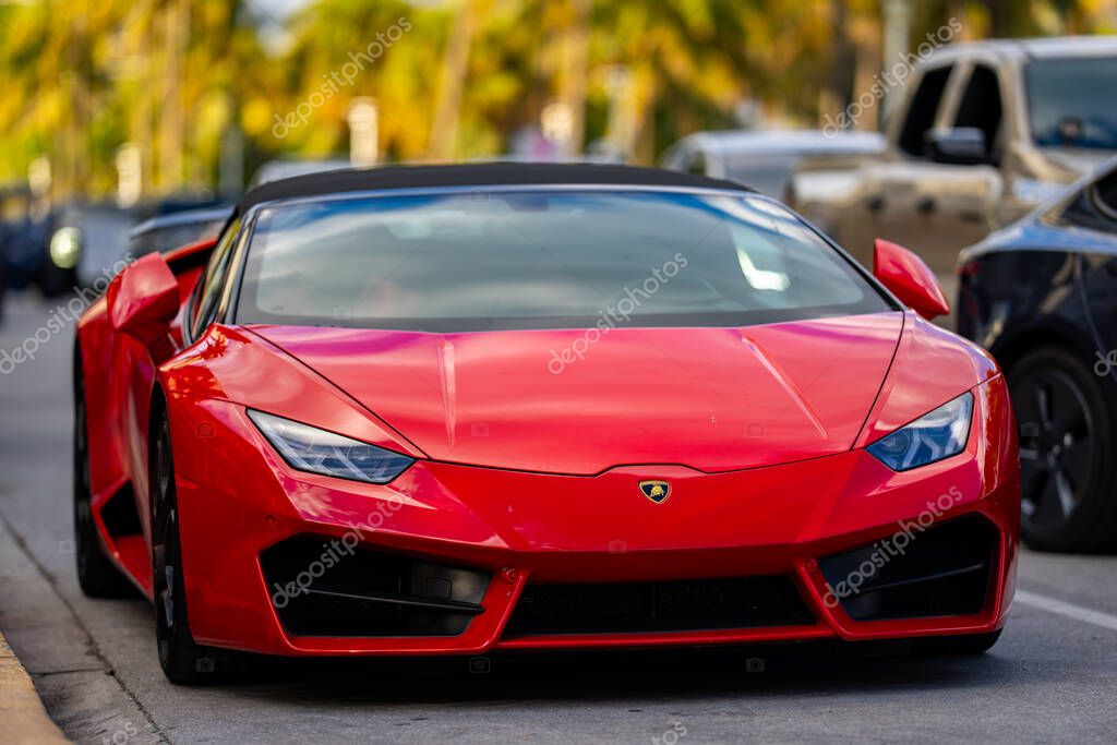 April 3, 2025. Miami. Lambo concept. Lamborghini sport car on the city street. Lamborghini supercar. Lambo design. Lamborghini Huracan sportscar. Supercar Lamborghini closeup. V12 engine. Luxury car