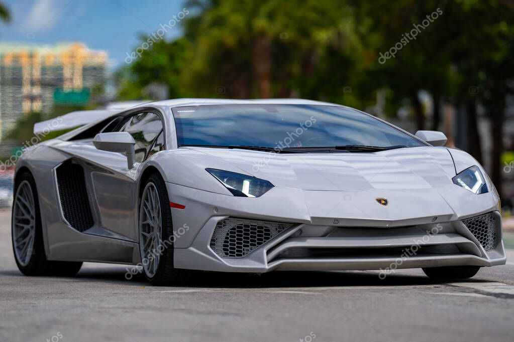 April 3, 2025. Miami. Lambo concept. Lamborghini sportscar on summer. Lamborghini supercar. Lambo design. Lamborghini Huracan sportscar. Supercar Lamborghini closeup. V12 engine. Luxury car
