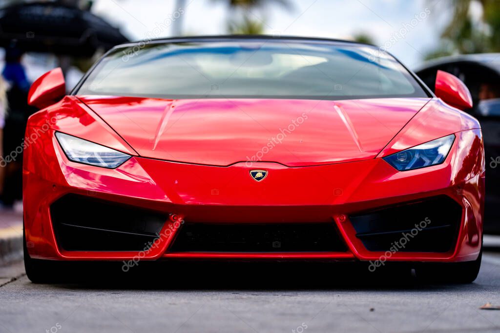 April 3, 2025. Miami. Lambo concept. Lamborghini sport car on the city street. Lamborghini supercar. Lambo design. Lamborghini Huracan sportscar. Supercar Lamborghini closeup. V12 engine. Luxury car