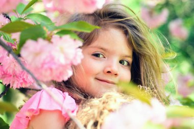 Bahar çocuğu Sakura çiçeğinin altında. Çiçek bahçesindeki hayalperest kız. Baharda mutlu bir genç kızın portresi. Küçük çocuk yüz yüze. Hayalperest çocuklar bahar çiçeklerinin arasında yüzüyorlar. Bahar kızları yüzü