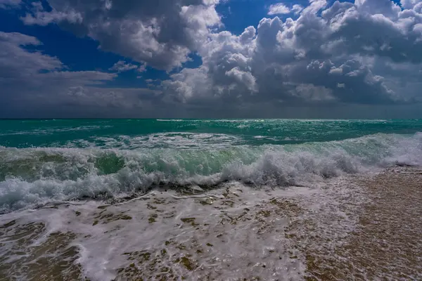 Yaz sahnesi. Tropik sahil kıyısı. Egzotik sahil yolu. Köpüklü sahil dalgaları. Güneşli bir tatil