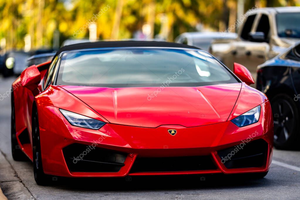 April 3, 2025. Miami. Lambo concept. Lamborghini sportscar on summer. Lamborghini supercar. Lambo design. Lamborghini Huracan sportscar. Supercar Lamborghini closeup. V12 engine. Luxury car