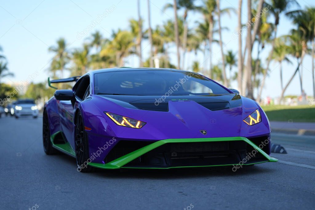 April 3, 2025. Miami. Lambo concept. Lamborghini sportscar on summer. Lamborghini supercar. Lambo design. Lamborghini Huracan sportscar. Supercar Lamborghini closeup. V12 engine. Luxury car