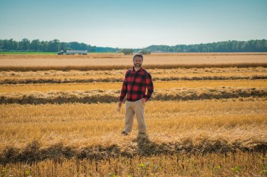 Hasat zamanı. Tarlada çalışan bir adam. Kırsalda çiftçilik. Tarlada çiftçilerle birlikte çiftlik arazisi. Çiftçi adam olgun arpa topluyor. Adam hasadı kontrol ediyor. Çiftçi hasatı inceliyor.