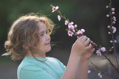 Bahar çocuğu portresi. Çiçekli bir çayırdaki sarışın çocuk. Doğadaki çocukluk sevinci. Bahar günü çiçekli bir çocuk. Baharda açık havada oynayan gülümseyen bir çocuk. Hayalci bahar çocuklarının yüzü