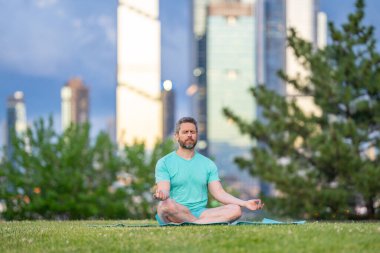 Nilüfer çiçeği içinde meditasyon yapan bir adam dışarıda çimlerde poz verir. Spor adamı, şehir parkında yoga yapıyor. Atletik erkek meditasyonu, rahatlama, aktif sağlıklı yaşam tarzı kavramı. Açık havada meditasyon.