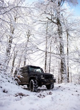 01.02.2021, Karpatlar. Off-road sezonu. 4x4 'le off-road seferi. Kış doğasında aşırı bir off-road gezisi. Off-road arabalı dağ yolu. Arabayla macera gezisi