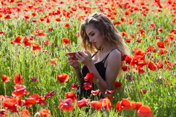 Çiçekli bir çayırda bahar güzeli kadın. Bahar gelincik tarlasında güzel bir kız. Bahar çiçekleri arasında romantik bir kadın. Genç ve narin bir kadın bahar otlağının tadını çıkarıyor.