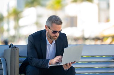 Kendine güvenen bir iş adamı bankta dizüstü bilgisayarı ve parktaki telefonuyla oturuyor. Zengin iş adamı. Olgun iş adamı tatilin tadını çıkarıyor. İş adamı parktaki bankta mola veriyor. Yaz işleri.