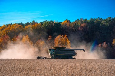 Buğday tarlasında hasatçıyı birleştir. Kırsal kesimde hasat. Hasat makinelerini birleştirin. Tarımsal Kombine hasat makinesi iş başında. Kırsal arazide hasat makinası var. Toprak sürme ve yetiştirme