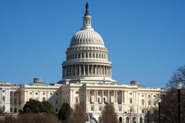 Başkent Kubbesi Washington, DC 'de. Washington DC 'deki eyalet başkenti binaları. Washington 'daki Kongre. Amerikan bayrağı dalgalanıyor. Washington, DC 'deki Capitol Hill.