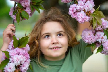 Çocuk yüzünün etrafına bahar çiçekleri. Çiçek açan bahar bahçesindeki çocuk. Çocuğun yüzü bahar çiçeklerine yakın. Bahar bahçesinde rüya gibi çocuk yüzü