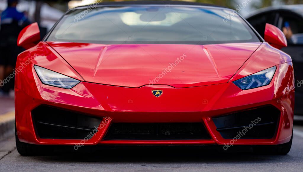 April 3, 2025. Miami. Lambo concept. Lamborghini sport car on the city street. Lamborghini supercar. Lambo design. Lamborghini Huracan sportscar. Supercar Lamborghini closeup. V12 engine. Luxury car