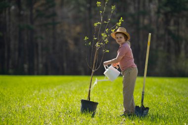 Bahçede küreği olan bir çocuk. Bahçede ağaç yetiştiren bir çocuk. Çocuk dikme ağacı. Sulama kabı olan küçük bir bahçıvan. Çocuklarla bahar bahçesi. Bahçedeki çocuk sulama ağacı