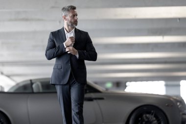 Bankacı kariyeri. Zengin iş adamı başarının tadını çıkarıyor. Şık takım elbiseli lüks iş adamı. Pahalı arabanın önündeki zengin adam. Lüks iş seyahati. Klasik takım elbiseli, kendinden emin zengin bir iş adamı.